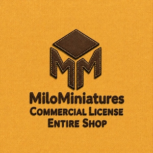 May include: A dark brown leather-textured logo featuring two stylized M letters forming a cube shape, centered on a textured mustard yellow background. Below the logo, the text reads MiloMiniatures COMMERCIAL LICENSE ENTIRE SHOP.