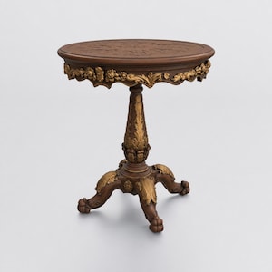 May include: A round wooden side table featuring a dark brown finish with ornate gold-coloured accents. The tabletop has a carved surface, while the central pedestal and three legs are decorated with detailed gold-coloured floral and leaf motifs.