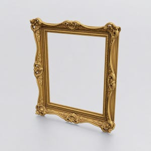 May include: A rectangular picture frame with a metallic gold finish, featuring ornate, raised scrollwork and floral carvings along the edges. The frame has a hollow center and a decorative, symmetrical border design with intricate detailing.