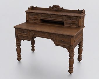 Miniature Antique Carved Desk With Hutch STL - 1:12 Dollhouse Furniture 3D Print File