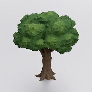 May include: A stylised 3D model of a deciduous tree featuring a thick, brown, textured trunk with visible vertical ridges and a wide, rounded canopy composed of dense, jagged-edged green leaves that create a full, bushy appearance.