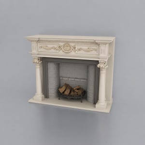 May include: A cream-coloured fireplace mantel featuring ornate carved details, a central decorative medallion, and two fluted columns with Corinthian capitals. The firebox contains a black metal grate holding a stack of brown wooden logs.