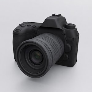 May include: A matte black digital single-lens reflex camera featuring a prominent zoom lens, a textured grip, a top-mounted hot shoe, and various control buttons on the top and front body, presented in a solid, uniform dark finish.
