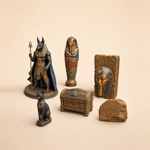 Set di file STL di reperti dell'antico Egitto, oggetti di scena stampabili per diorami da tavolo.