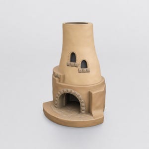 May include: A tan-colored, conical-shaped clay fireplace model featuring a wide base with a stone-patterned floor, a large arched opening with decorative trim, and two smaller arched windows above, each accented with square-patterned detailing.