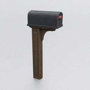 May include: A dark gray mailbox with a rounded top and a small red flag on the side, mounted on a vertical brown post featuring a rectangular recessed panel design and a curved support bracket connecting the post to the mailbox base.