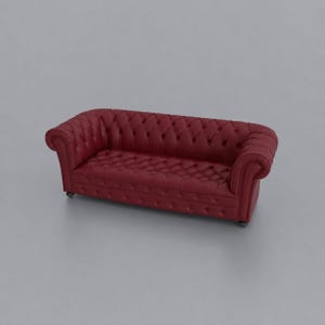 May include: A deep red leather sofa featuring a tufted backrest, seat, and inner arms. The piece includes rolled arms, a low back, and a button-tufted design across the entire interior surface, supported by small, dark, rounded feet.