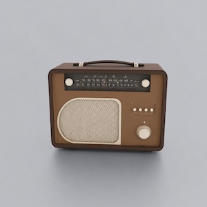May include: A vintage-style radio with a brown wooden cabinet and a cream-colored speaker grill. The radio features a tuning dial, control knobs, and a carrying handle. The radio has a retro design with a classic aesthetic.