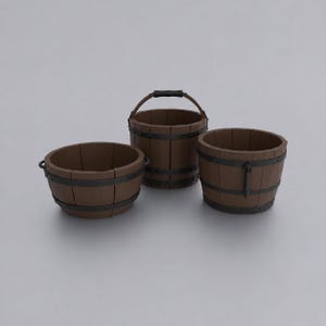 May include: Three brown wooden buckets with dark metal bands. One bucket features a top handle, while the other two are open-topped basins. The construction consists of vertical wooden staves secured by horizontal metal hoops and rivets.