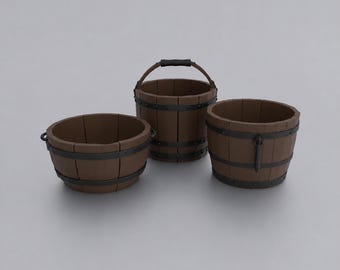 Miniatuur vintage houten emmer STL-set - Poppenhuisminiaturen 3D-printbestanden