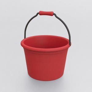 May include: A solid red bucket with a smooth, matte finish. The bucket features a dark gray metal handle that arches over the top, equipped with a red cylindrical grip in the center for comfortable handling. The design is simple and functional.