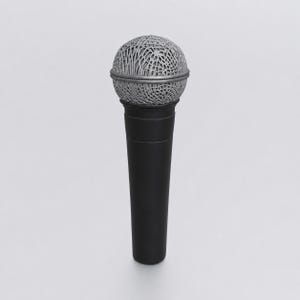 May include: A handheld microphone featuring a matte black cylindrical handle and a spherical head with a complex, silver-toned, web-like lattice pattern. The top section is separated from the handle by a thin, horizontal silver ring detail.