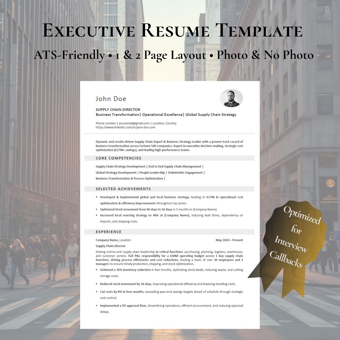Executive Resume Template Word | ATS CV (1 & 2 Page Layout) | Interview ...