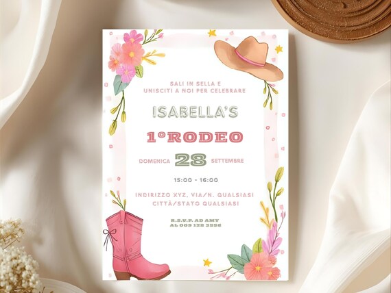 Invito Rodeo Western - Biglietto di Compleanno Cowgirl Modificabile con Fiori Rosa