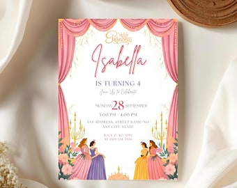 Princess Birthday Invitation Digital, 4th Birthday Pink Royal Girl Party Invite- Instant Download