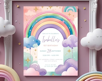 Rainbow Birthday Invite, Pastel Rainbow & Cloud Party Invitation, Editable Digital Download