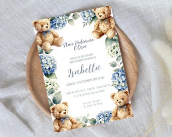 Baby Shower Invito – Modello Digitale Orsetto con Ortensia