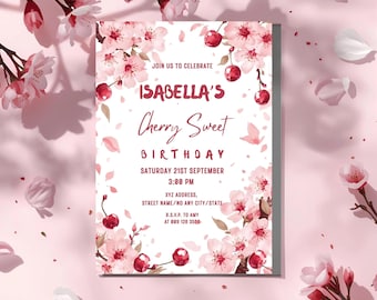 Cherry Birthday Invitation: Watercolor Blossom Party (Editable, Digital Download)