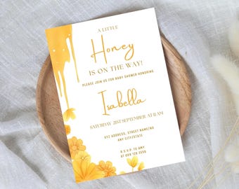 Honey Baby Shower Invitation: Sweet Bee Theme, Editable Canva Template (Digital Download 5x7" PDF)