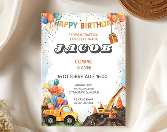 Invito di Compleanno - Biglietto Digitale Acquerello Costruzioni per Bambini con Camion