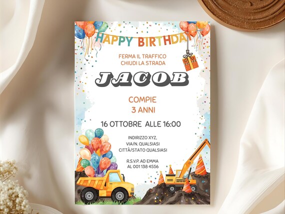 Invito di Compleanno - Biglietto Digitale Acquerello Costruzioni per Bambini con Camion