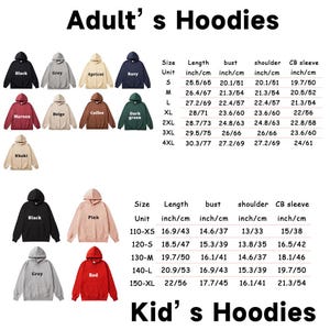 May include: A collection of adult and kid's hoodies in various solid colors including black, grey, apricot, navy, maroon, beige, coffee, dark green, khaki, pink, and red, accompanied by two size charts displaying length, bust, shoulder, and sleeve measurements.