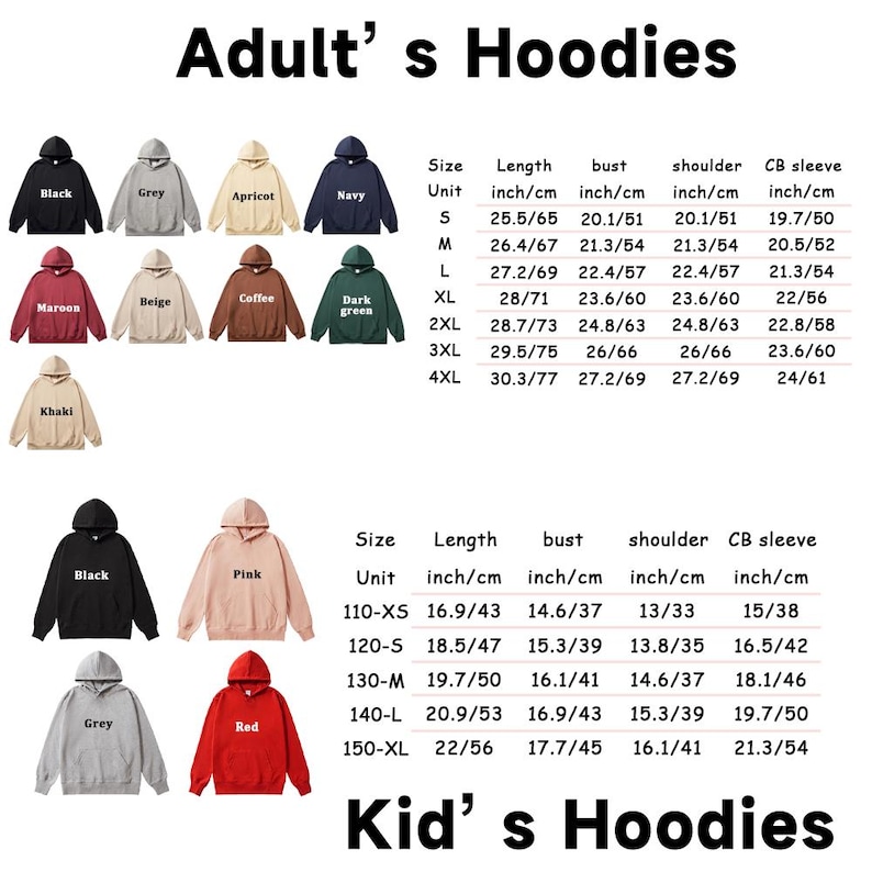 May include: A collection of adult and kid's hoodies in various solid colors including black, grey, apricot, navy, maroon, beige, coffee, dark green, khaki, pink, and red, accompanied by two size charts displaying length, bust, shoulder, and sleeve measurements.