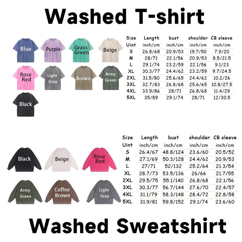 May include: A size chart for washed t-shirts and sweatshirts in various colors including blue, purple, grass green, beige, rose red, light gray, brown, army green, and black, with detailed measurements in inches and centimeters for sizes S to 5XL.