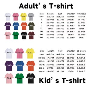 May include: A size chart for adult and kid t-shirts displaying various color options including white, rose red, yellow, grey, purple, royal blue, orange, army green, pink, green, black, and maroon, with detailed length, bust, shoulder, and sleeve measurements.
