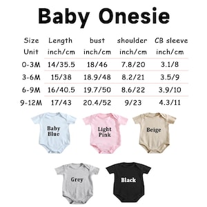 May include: A size chart for a baby onesie with columns for length, bust, shoulder, and sleeve measurements in inches and centimeters for sizes 0-12M. Below are five short-sleeve onesies in baby blue, light pink, beige, grey, and black colors.
