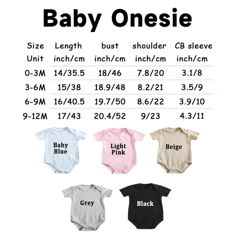 May include: A size chart for a baby onesie with columns for length, bust, shoulder, and sleeve measurements in inches and centimeters for sizes 0-12M. Below are five short-sleeve onesies in baby blue, light pink, beige, grey, and black colors.
