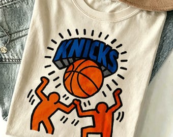 Keith Haring Style New York Knicks T-Shirt, Abstract Cartoon Knicks Basketball Tee, Fun Retro NY Knicks Fan Graphic Shirt
