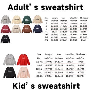 May include: A collection of adult and kid sweatshirts in various colors including grey, apricot, dark green, khaki, maroon, beige, coffee, navy, black, red, and pink, accompanied by two size charts displaying length, bust, shoulder, and sleeve measurements.