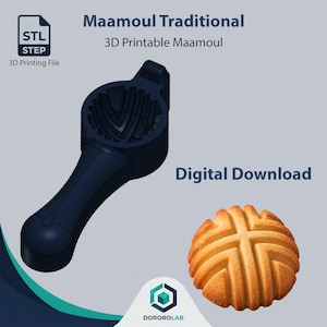 May include: A dark blue 3D printable Maamoul mold with a handle and a circular patterned head, accompanied by a golden-brown circular cookie with a cross-shaped design. Text includes Maamoul Traditional, 3D Printable Maamoul, STL STEP 3D Printing File, and Digital Download.