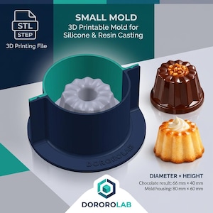 May include: A 3D printable small mold for silicone and resin casting. The mold is dark blue and teal, with a white interior. The image also shows two finished desserts, one chocolate and one vanilla, and the dimensions of the mold and the resulting desserts.