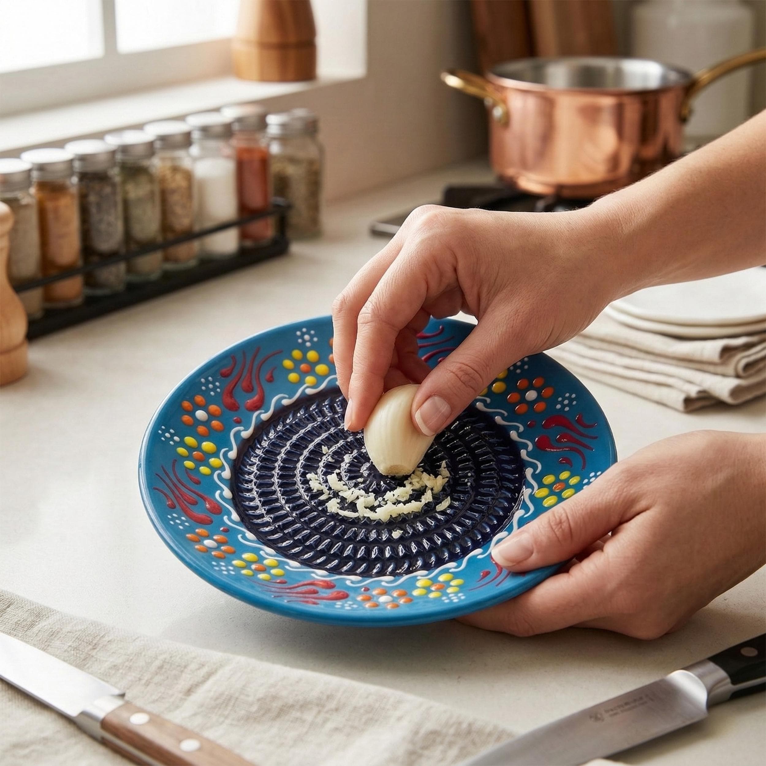Hand-painted Ceramic Grater Plate – Turkish Pottery, Garlic Ginger