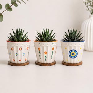 Puede incluir: Tres pequeñas macetas de cerámica blanca con diseños florales coloridos y posavasos de madera. Cada maceta contiene una planta suculenta verde. Las macetas tienen bordes rojos, naranjas y azules. El fondo es blanco.