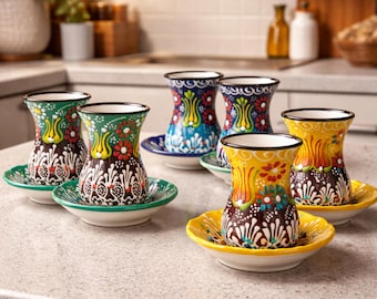 Hand-Painted Turkish Tea Cup Set – Authentic Floral Ceramic Pottery Glasses