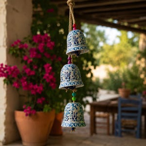 May include: A hanging decoration featuring three white ceramic bells suspended vertically on a thick rope. Each bell is hand-painted with intricate blue floral patterns and wavy lines. Small, colorful beads in pink, blue, and green accent the rope.