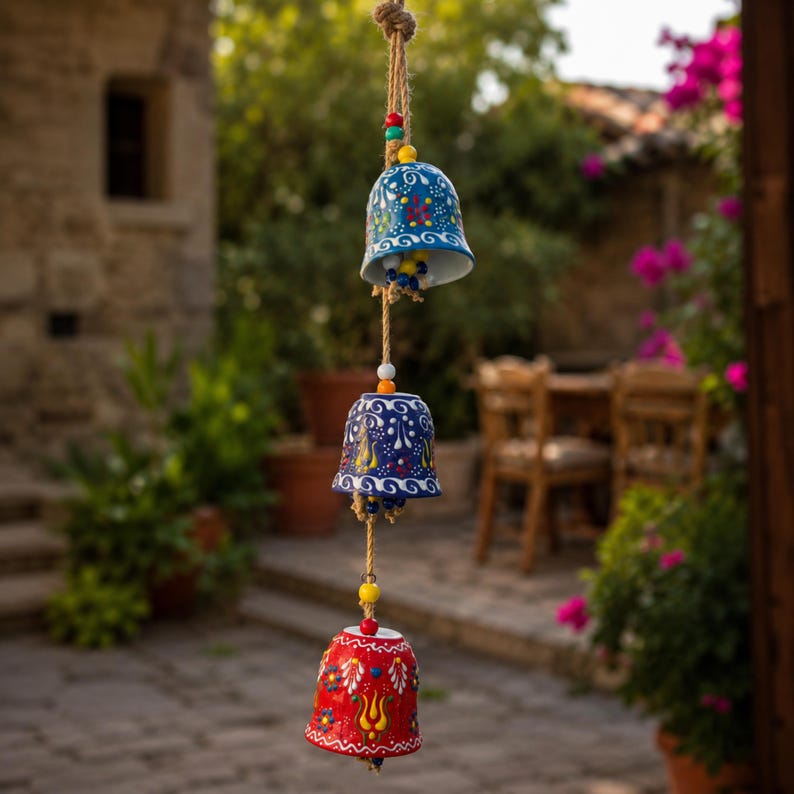 May include: A vertical hanging decoration featuring three ceramic bells suspended on a thick jute rope. The top bell is blue, the middle bell is dark blue, and the bottom bell is red. Each bell features hand-painted white and yellow floral patterns.