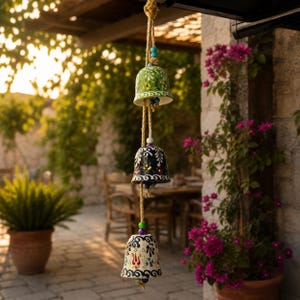 May include: A hanging mobile featuring three ceramic bells suspended on a thick jute rope. The top bell is green with white floral patterns, the middle is black with white and red floral designs, and the bottom is white with red and blue floral motifs.
