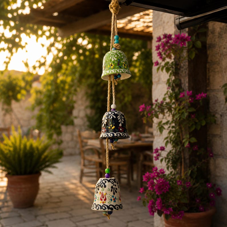 May include: A hanging mobile featuring three ceramic bells suspended on a thick jute rope. The top bell is green with white floral patterns, the middle is black with white and red floral designs, and the bottom is white with red and blue floral motifs.