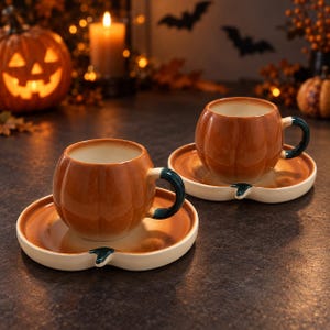Puede incluir: Dos tazas de cerámica con platos a juego en forma de calabaza. Cada taza presenta un acabado naranja brillante con estrías verticales, un asa de color verde oscuro y un interior de color crema. Los platos son redondos con un borde color crema.
