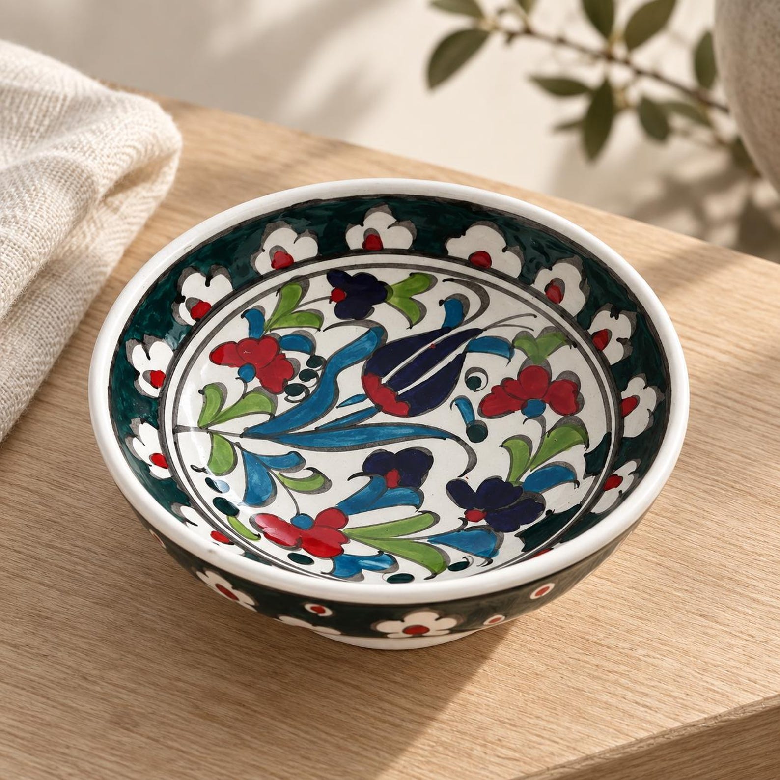 Hand-Painted Turkish Ceramic Bowl, 12 cm Tulip Floral Design, Dark Green Decorative Pottery