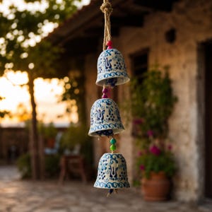 Handmade Ceramic Wind Chime - Colorful Hand-Painted Hanging Ceramic Bells - Turkish Pottery Garden Decor - Unique Housewarming Patio Gift