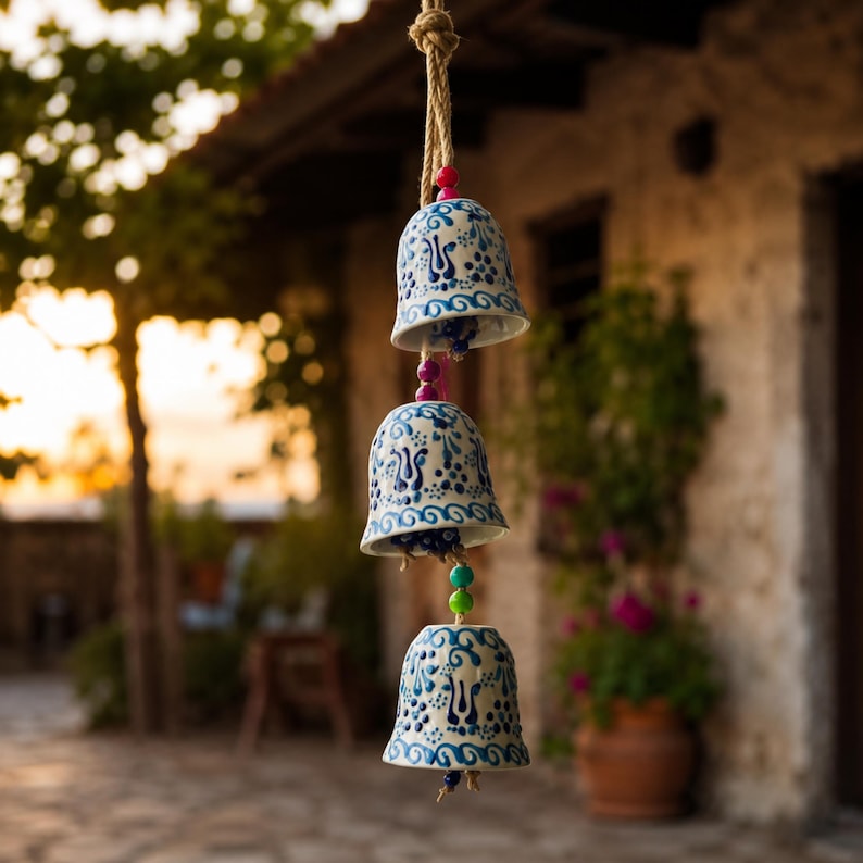 May include: A hanging mobile featuring three white ceramic bells decorated with blue floral patterns and tulip motifs. The bells are strung together on a thick rope with small, colorful beads placed between each bell, creating a vertical arrangement.