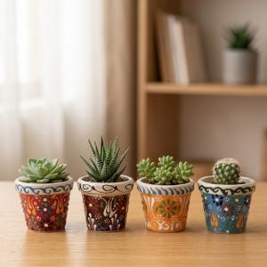 Puede incluir: Cuatro pequeñas macetas de cerámica con coloridos diseños florales, cada una con una planta suculenta diferente. Las macetas son rojas, marrones, naranjas y azules, y están sobre una superficie de madera. Las plantas incluyen una suculenta, una planta cebra, un sedum y un pequeño cactus.