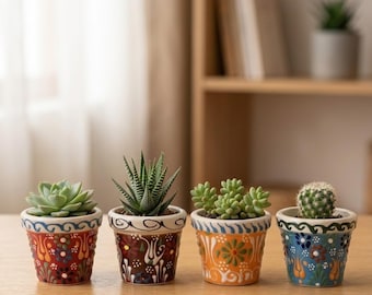 Hand-Painted Ceramic Succulent Pot - Small Pottery Planter - Indoor Cactus Holder - Floral Desk Decor