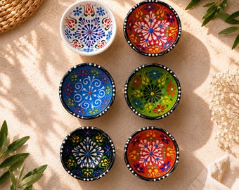 Hand-Painted Ceramic Mini Bowls – Turkish Pottery Pinch Bowls, Boho Talavera Style (Set of 6)