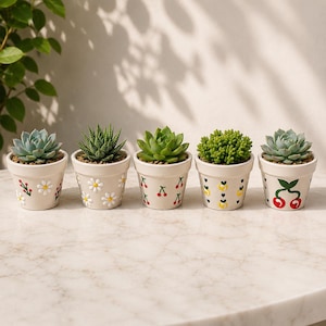 May include: Five small, cream-colored ceramic pots, each containing a different green succulent plant. The pots are decorated with hand-painted designs including white daisies, red cherries, and yellow lemons, arranged in a row on a marble surface.